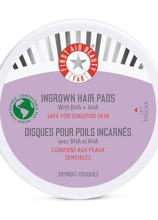 First Aid Beauty - Ingrown Hair Pads with BHA + AHA - Aftershave Treatment Pads to Help Prevent Razor Bumps for Men & Women - Exfoliate Underarms & Bikini Area - Compostable for Daily Use - 28 Pads