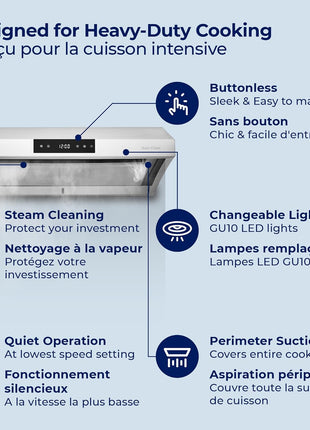 Hauslane Range Hood 30 inch Under Cabinet, 950 CFM Kitchen Range Hood | Steam Auto Clean Vent Hood, 6 Speed Kitchen Hood with Touch Panel | Stainless Steel Range Hoods Chef Series PS38