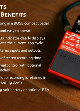 Boss RC 1 Loop Station Bundle with Gearlux Power Supply, Instrument Cable, Patch Cable, and Picks