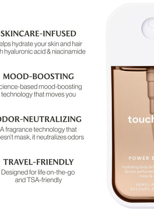 Touchland Body & Hair Vanilla Velvet Hydrating Fragrance Mist Travel Size | TSA ready spray. Gourmand scent of vanilla, coconut flakes, muguet & almond. Hydrates and refreshes skin and hair.