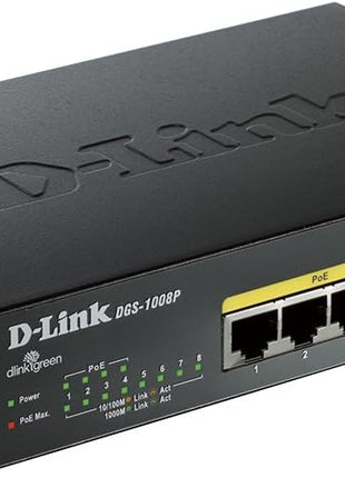 D-Link PoE Switch, 8 Port Ethernet Gigabit Unmanaged Desktop Switch with 4 PoE Ports 68W Budget (DGS-1008P),Black