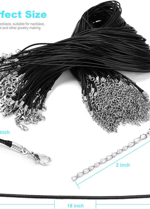 100Pcs Premium Leather Necklace Chains Bracelet Cord with Clasps for Pendants, Bulk Waxed Rope Necklace String, Black , 18 inch for Jewelry Making Supplies, 1.5mm DHOOZ