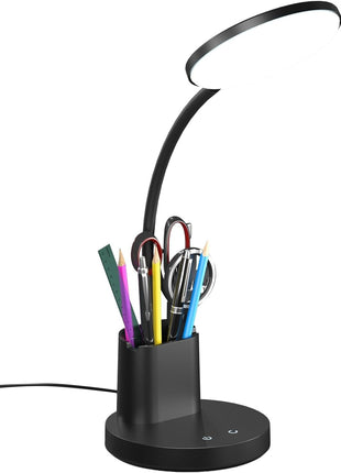 Desk Lamp, LED Desk Lamp for Home Office, Touch Table Lamp with 3 Color Modes 360° Adjustable Arm, Dimmable Desk Light with Pen Phone Holder, Black