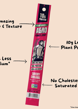 AGRO POWER Vegan Jerky Sticks, 10g Protein per Stick, Savory Original Plant-Based, 7 Stick Bag, Non-GMO, 40% Less Sodium, Zero Cholesterol, Meat Alternative, High Protein Snack for Lunch, On-the Go Fuel