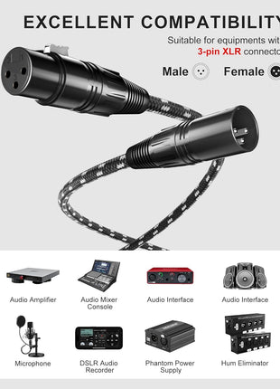 XLR Cables 3ft 2 Pack,Short Microphone Cable OFC Noise Reduction | XLR Male to Female Balanced Microphone Cord 3 pin,3 Foot Short mic Cord Oxygen-Free Copper Nylon Braided Black