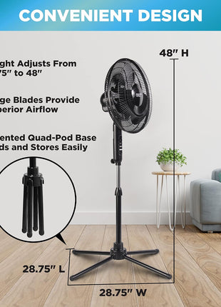 Comfort Zone Electric Oscillating Pedestal Fan, Stand Fan, 16 inch, 3 Speed, 90 Degree Oscillating Head, Adjustable Height and Tilt, Airflow 7.48 ft/sec, Ideal for Home, Bedroom & Office, CZST161BTEBK