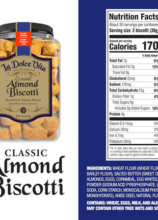 La Dolce Vita Almond Biscotti, Authentic Italian-Style Cookies, 40oz Jar