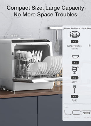 BLITZHOME Portable Dishwasher Countertop, WIFI Smart Dishwasher, Compact Dishwashers with 5L Built-in Water Tank, 6 Programs, 360° Dual Spray, High-Temp& Air-Dry Function, Fruit Cleaning