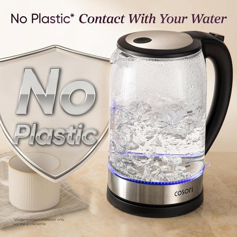 Cosori Electric Kettle, No Plastic Contact with Water, 1.7L, Black | Wide Opening, Easy to Clean, Auto Shut-Off, Boil-Dry Protection, Tea Kettle, Hot Water Boiler, Borosilicate Glass, 1500W