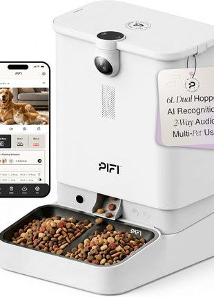 Automatic Cat Feeder with Camera for Multiple Cats & Dogs, 6L Dual Hopper | AI Recognition for Up to 3 Pets, 5/2.4 GHz WiFi App Control, 1080p Dual Cameras, Night Vision, Two-Way Audio