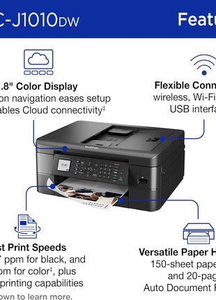Brother MFC-J1010DW Wireless Color Inkjet All-in-One Printer, Duplex Printing, Mobile & Cloud Print, Compact Design, 1.8" Color Display, Works with Alexa | Automatic duplex printing, Cloud integration