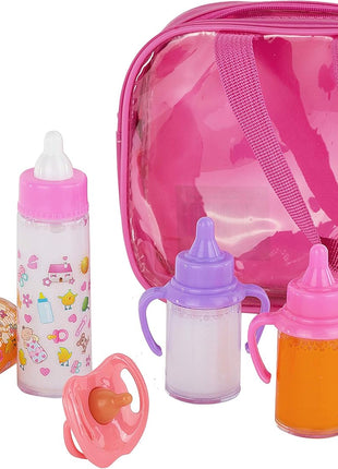 fash n kolor® My Sweet Baby Disappearing Doll Feeding Set, Baby Care 6 Piece Doll Feeding Set - for Toy Stroller | 2 Milk & Juice Bottles with 2 Toy Pacifier for Baby Dolls Set - Kids Gift Set