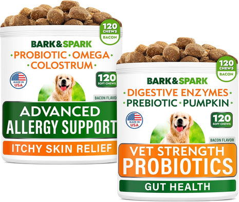 Allergy Relief Chews + Probiotics for Dogs - Digestive Enzymes for Allergies Itchy Skin w/Fish Oil Omega 3 - Dogs Digestive Health - Gas, Diarrhea,