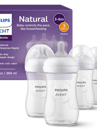 Philips Avent Natural Baby Bottles, Medium Flow, 9 oz, BPA-Free, 4-Pack | Baby-Controlled Flow, No-Drip Design, Reduces Colic and Gas with Anti-Colic Valve, Green, SCY903/04