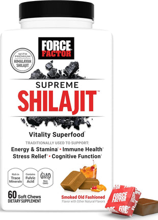 Force Factor Supreme Shilajit, Premium Himalayan Shilajit for Men & Women | Promote Energy, Stamina, Immune Health, Endurance & Focus, Smoked Old Fashioned Flavor, 60 Soft Chews