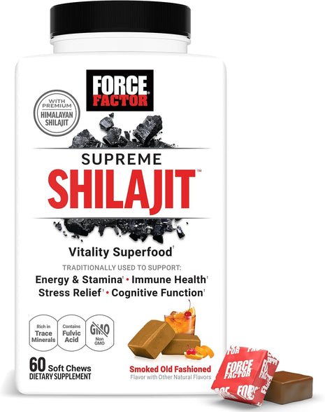 Force Factor Supreme Shilajit, Premium Himalayan Shilajit for Men & Women | Promote Energy, Stamina, Immune Health, Endurance & Focus, Smoked Old Fashioned Flavor, 60 Soft Chews