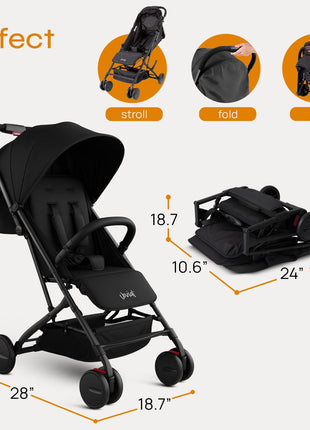 Jovial Lightweight Travel Baby Stroller with One-Hand Easy Fold, Compact Portable Baby Stroller for Everyday Use and Family Travel, with Canopy, Basket, and Included Storage Bag