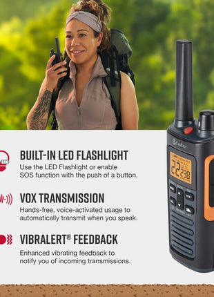 Cobra RX680 Walkie Talkies (2-Pack) - Rugged & Splashproof Two Way Radios Long Range, IP54 Water Resistant Design, 60 Pre-Programmed Channels, Weather Alerts, Included Charging Dock (Black/Orange)