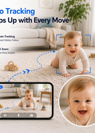 Baby Monitor with Camera and Audio, 3MP Baby Camera for Room, 355° Pan Tilt, Smart Motion Tracking, 3X Zoom, Color Night Vision, Two-Way Talk, 5G/2.4G WiFi, SD/Cloud, 2 Pack