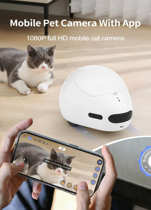 Cat Camera Robot with Laser & Treat Dispenser, Moving Pet Camera Robot for Dogs and Cats, Phone App Control, Auto Recharging, Night Vision, Two-Way Audio, Interactive LED Cat Toy, 2.4G WiFi