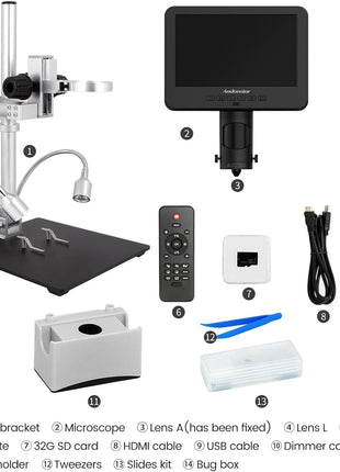 Andonstar AD246S-M 3 Lens 2160P HDMI Digital Microscope 2000x for Adults | 7 Inch LCD Soldering Microscope for Electronics Repair, Error Coins, Pro Boom Arm Stand, Windows Compatible