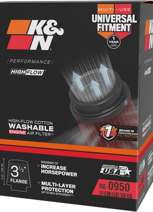 K&N High-Flow Original Lifetime Universal Clamp-On Air Filter: High Performance, Premium, Washable: Flange Diameter: 3.5 In, Filter Height: 6 In, Flange Length: 1.75 In, Shape: Round Tapered, RE-0950