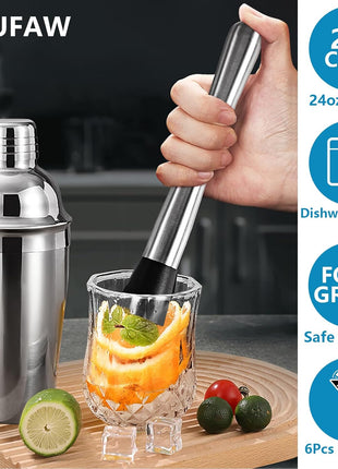 ZPUFAW 6-Piece Cocktail Shaker Set Bartender Kit Drink Shaker Bar Set | 24oz Martini Shaker, Strainer, Muddler, Jigger, Mixing Spoon, Pour Spout, Recipe Guide Stainless Steel Set Housewarming Gift