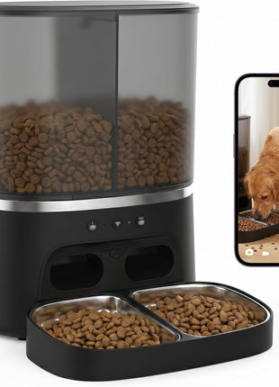 Automatic Cat Feeder with Camera, Automatic Dog Feeder Dry Food, 8L Dual Hopper Auto Cat Food Dispenser, 1080P HD Video with Night Vision/2-Way Audio/APP, 5G WiFi Pet Feeder with Low Food Tray-Black