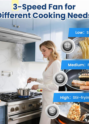 24 inch Range Hood Under Cabinet, Stainless Steel Range Hood 280CFM, Slim Kitchen Stove Hood w/Push Button, Ducted/Ductless Convertible, 3 Speeds Exhaust Fan, LED Light and Carbon Filter