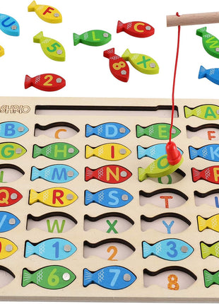 Magnetic Wooden Fishing Game Toy for Preschoolers, Alphabet Fish Catching Counting Games Puzzle with Numbers and Letters, Preschool Learning ABC and Math Educational Toys for 3 4 5 Years Old Kids