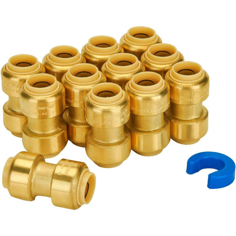 1/2 Inch Coupling, Push Pex Fittings 1/2 Inch, 1/2" Straight Coupling, Brass Push-to-Connect Fittings for Pex Pipe, Copper, CPVC, with 1 Disconnect Clip, Pack of 12