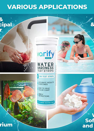 Varify Water Hardness Test Kit - Water Testing Kit for Home, Drinking, Well, Spa, Swimming Pool, Softener, Dishwasher & More - Hard Water Test Strips for Calcium, Magnesium etc (0-425 pmm, 150 Strips)