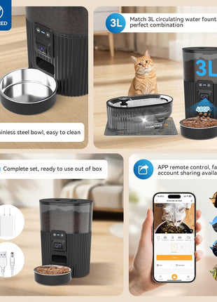 PAPIFEED Automatic Cat Feeder and Water Fountain Stainless Steel, WiFi Timed Auto Cat Feeder with Camera & App, Cat Food & Water Dispenser, Quiet Pet Drinking Fountain with LED, Smart Dog Feeder Set