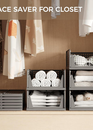 Pinkpum Stackable Plastic Storage Basket, Foldable Closet Organizers, Drawer Shelf Storage Container/Bins for Wardrobe Kitchen Bathroom Office Dorm, White, 4 Packs