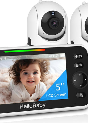 HelloBaby Upgrade 5'' Baby Monitor with 30-Hour Battery, 2 Cameras Pan-Tilt-Zoom, 1000ft Range Video Audio Baby Monitor No WiFi, VOX, Night Vision, 2-Way Talk, 8 Lullabies and Temperature