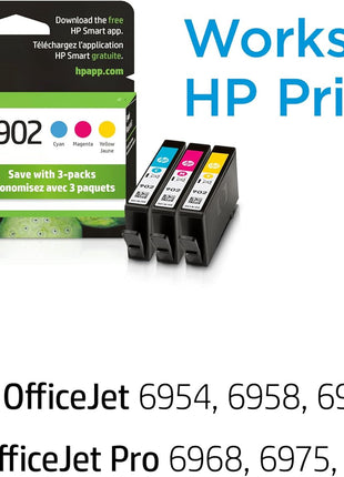 HP 902 Cyan, Magenta, Yellow Ink Cartridges for HP Printers | Works with Printer Series: OfficeJet 6950, 6960; OfficeJet Pro 6960, 6970 | Eligible for Instant Ink | T0A38AN