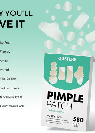 QUSTERE 580 Count Pimple Patches for Face, Large Hydrocolloid Acne Patches Stickers Bandages, Blemishes Zit Breakouts for Cheeks, Forehead, Chin, Nose for Full Face & Body | 7 Sizes | 4 Shapes