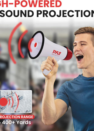 Pyle 20W Megaphone Bullhorn - 5.4'' x 8.6'' Portable Megaphone, Projection Range 1000 Sq. Yards, Voice Talking & Siren Alert, Shoulder Strap, Battery Operated, (White)