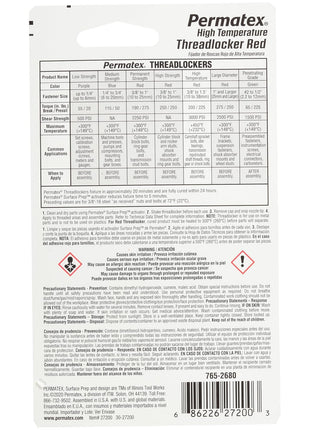 Permatex 27200 Hiigh Temperature Threadlocker Red, 10 ml