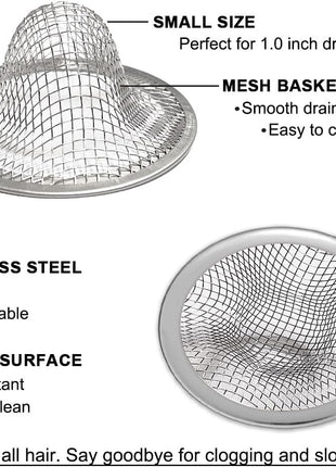 1.0" Small Drain Strainer, Sink Drain Hair Catcher, Bathroom Sink Drain Strainer, 2PCS Drain Mesh Baskets for Laundry, Mop Pool, Utility, Slop, RV Sink, Stainless Steel Drain Filter