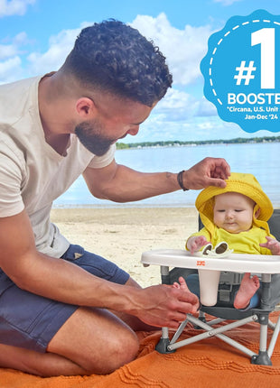 Bright Starts Pop 'N Sit Portable Booster, Indoor/Outdoor Use, Floor Seat with Feeding Tray, Grey, 6 Mos - 3 Yrs