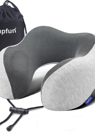 napfun Neck Pillow for Traveling, Upgraded Travel Neck Pillow for Airplane 100% Pure Memory Foam Travel Pillow for Flight Headrest Sleep, Portable Plane Accessories, Light Grey