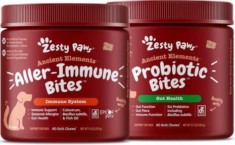 Ancient Elements Allergy & Immune Bites for Dogs - Omega 3 Wild Alaskan Salmon Fish Oil + Ancient Elements Probiotics for Dogs - Chewable Dog Probiotic Supplement