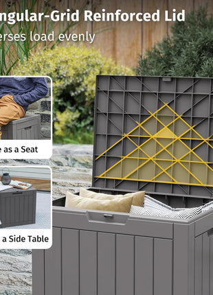 EAST OAK 120 Gallon Outdoor Storage Box | Large Resin Deck Box with Reinforced Stainless Steel Support | Waterproof & UV-Resistant Patio Storage Box for Cushions, Garden Tools & Accessories, Grey