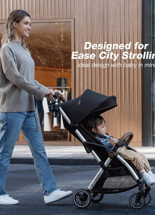 Babideal Lightweight Travel Stroller for Baby, Self-Folding Toddler Stroller with Large Canopy, One-Hand Operated Reclining Seat, Cup Holder Included - Newborn to 50lbs. (Black)