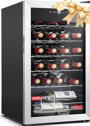 AAOBOSI 24 Inch Dual Zone Wine and Beverage Cooler,19 Bottles & 88 Cans Upgraded Wine Fridge,Built-in and Freestanding,Removable Fashion Wooden Frame,Intelligent Digital Temperatrue Control,Low Noise
