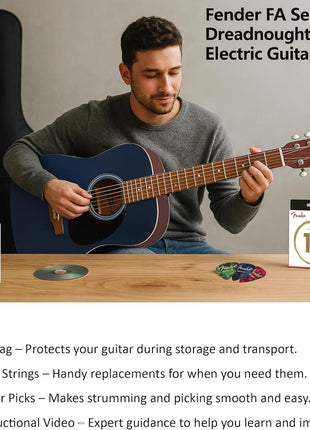 Fender Dreadnought Acoustic Electric Guitar   Natural Bundle with Gig Bag, Strap, Strings, Picks, and Austin Bazaar Instructional DVD