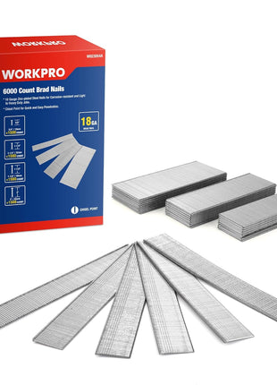 WORKPRO 18 Gauge Brad Nails, 2'',1-1/2'',1-1/4'', 3/4''Brad Nails | 6000 Count, Pneumatic & Electric Nailers, Strong Fastening, Wood Trim, Cabinet Assembly, Furniture Repair, DIY Projects