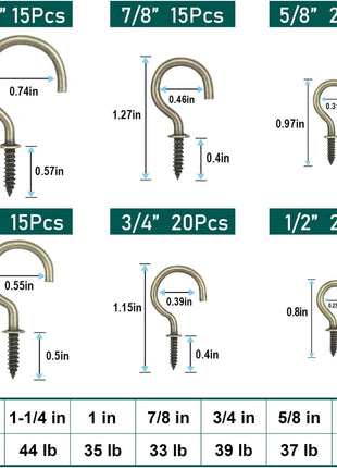 EIENHOSHI 105 Pcs Screw Hooks, 6 Sizes Bronze Cup Hooks, Screw Hooks for Hanging, Metal Cup Hooks Screw in (1/2", 5/8", 3/4", 7/8", 1'', 1-1/4")