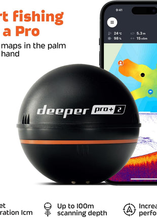 Deeper PRO+ 2 Sonar Fish Finder - Portable Fish Finder and Depth Finder For Kayaks, Boats and Ice Fishing with GPS Enabled | Castable Deeper Fish Finder with FREE User Friendly App